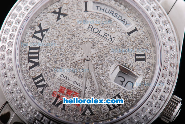 Rolex Day-Date Oyster Perpetual Automatic Full Diamond Bezel and Dial,Roman Marking and Big Calendar - Click Image to Close